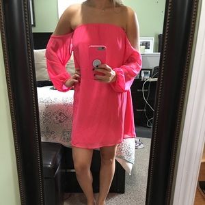 Pink strapless with sleeves dress